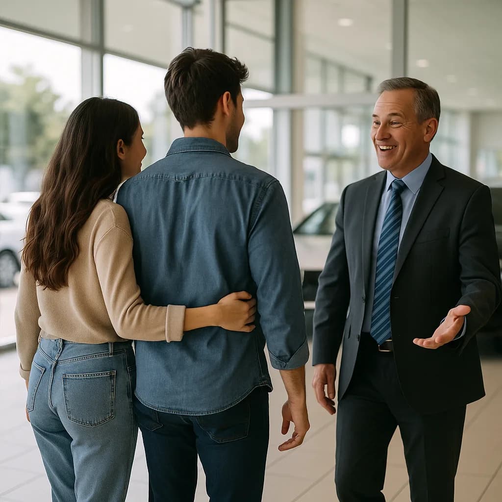 Car salesman in suit greeting young couple in modern dealership showroom