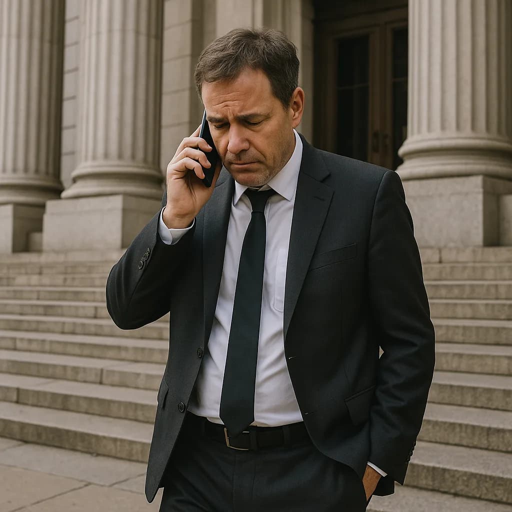 Businessman in suit making serious phone call outside courthouse with classical columns in background