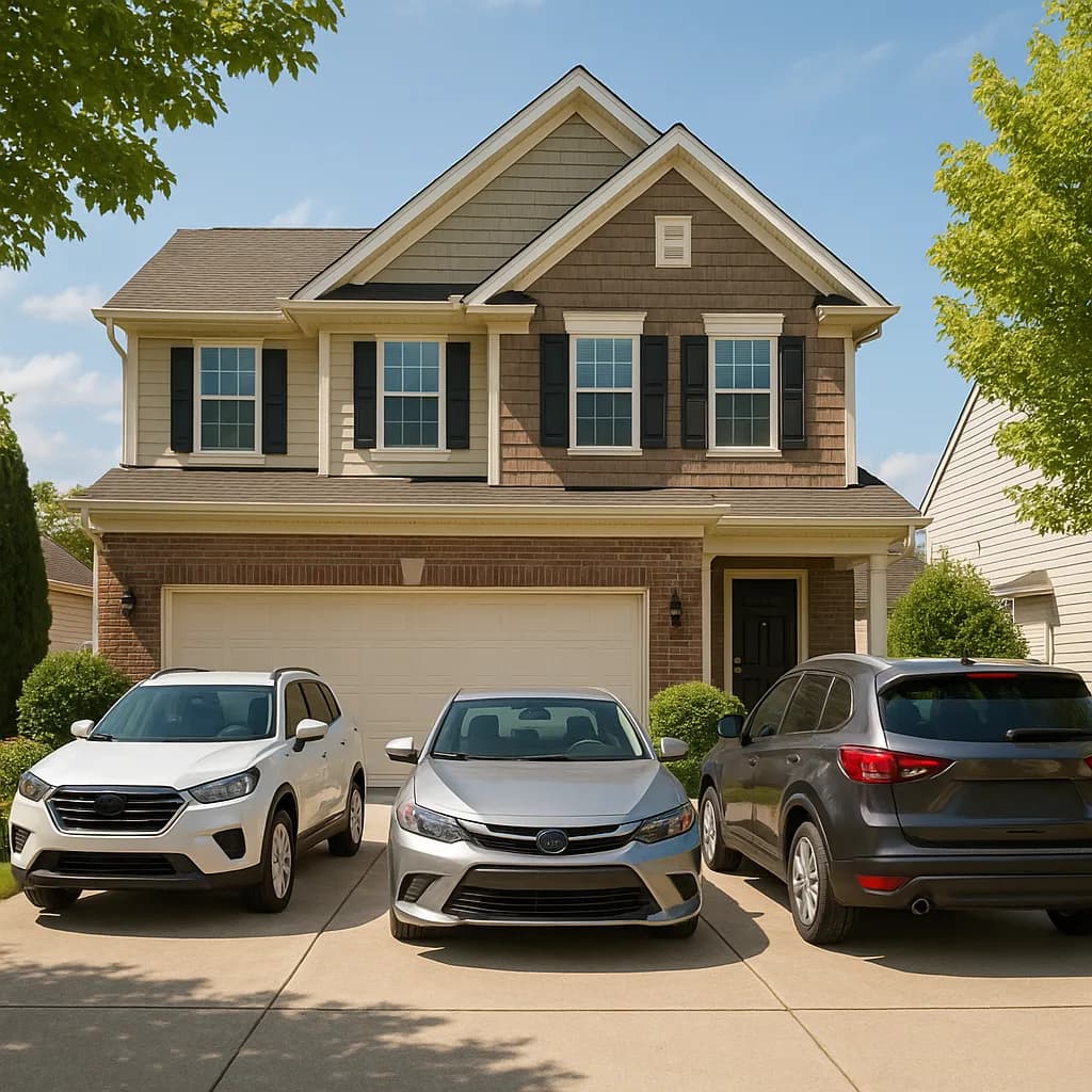 Two-story suburban house with brick and siding exterior, three cars parked in driveway