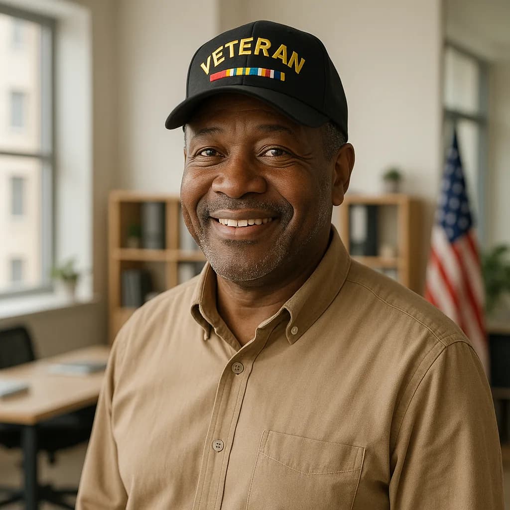 Smiling veteran wearing VETERAN cap with service ribbons in tan shirt, American flag visible in background