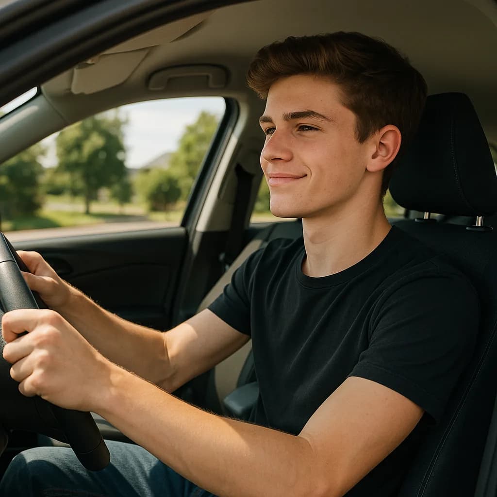 Young man smiling while driving car with trees visible through window