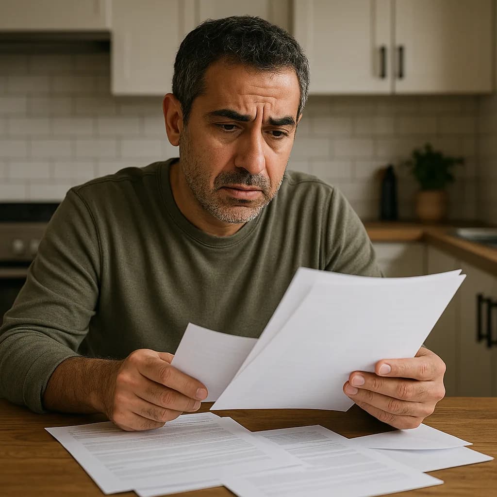 Concerned man reviewing financial documents and bills at kitchen table