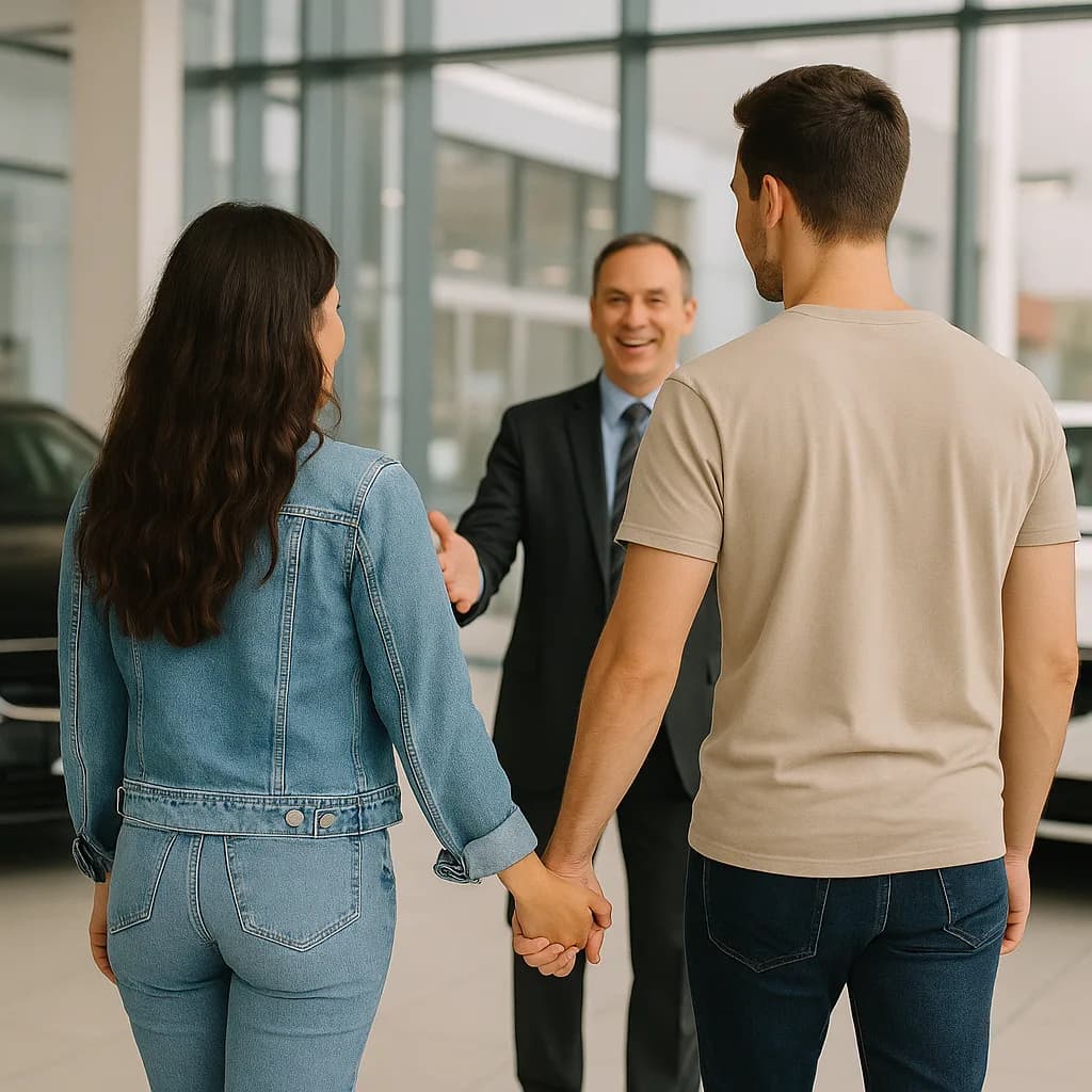 Couple meeting with car salesperson in modern dealership showroom