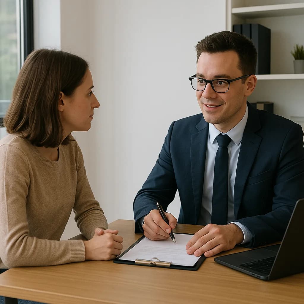 Professional businessman in suit consulting with client at desk, reviewing documents with pen and laptop