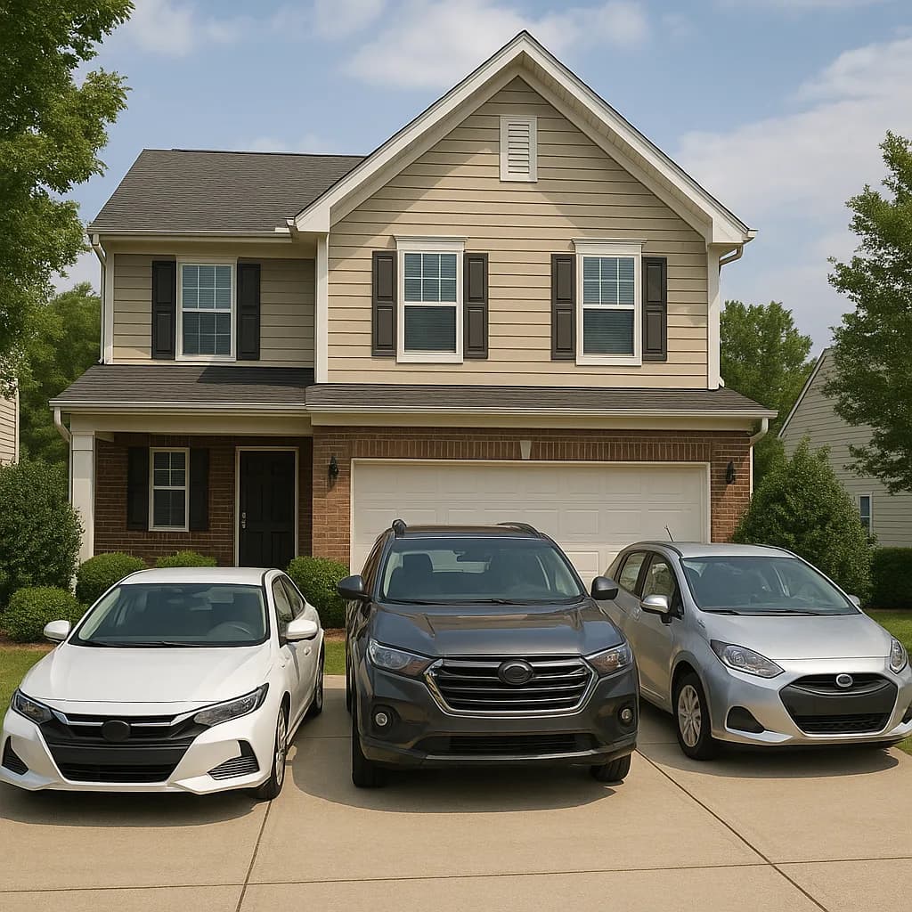 Two-story suburban house with three cars parked in driveway - white sedan, gray SUV, and silver compact car