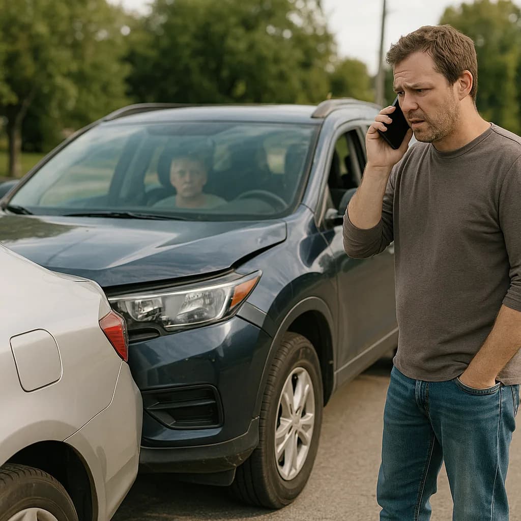 Man on phone reporting car accident with damaged vehicles and driver visible in background