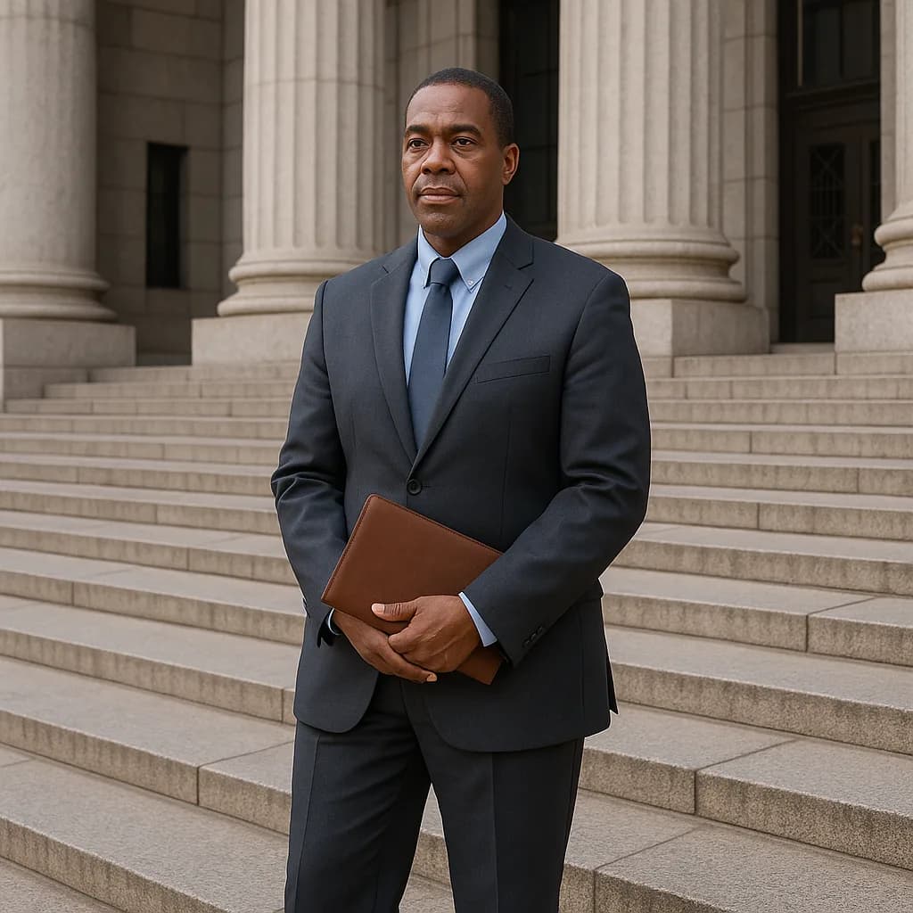 Professional businessman in suit holding portfolio on courthouse steps with classical columns
