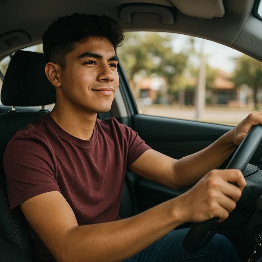 Young man smiling while driving a car, wearing a maroon shirt and holding the steering wheel