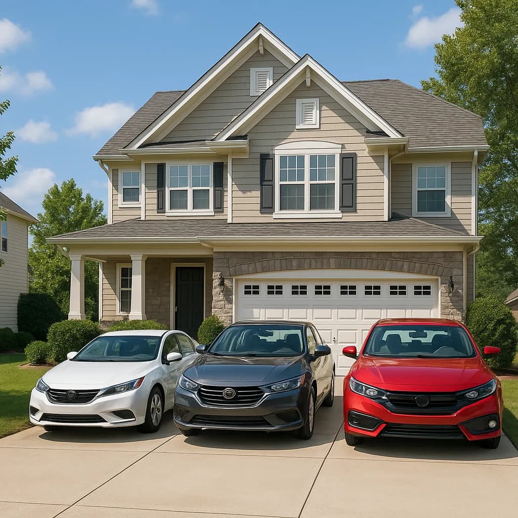 Three cars parked in driveway of two-story suburban house with gray siding and white garage door