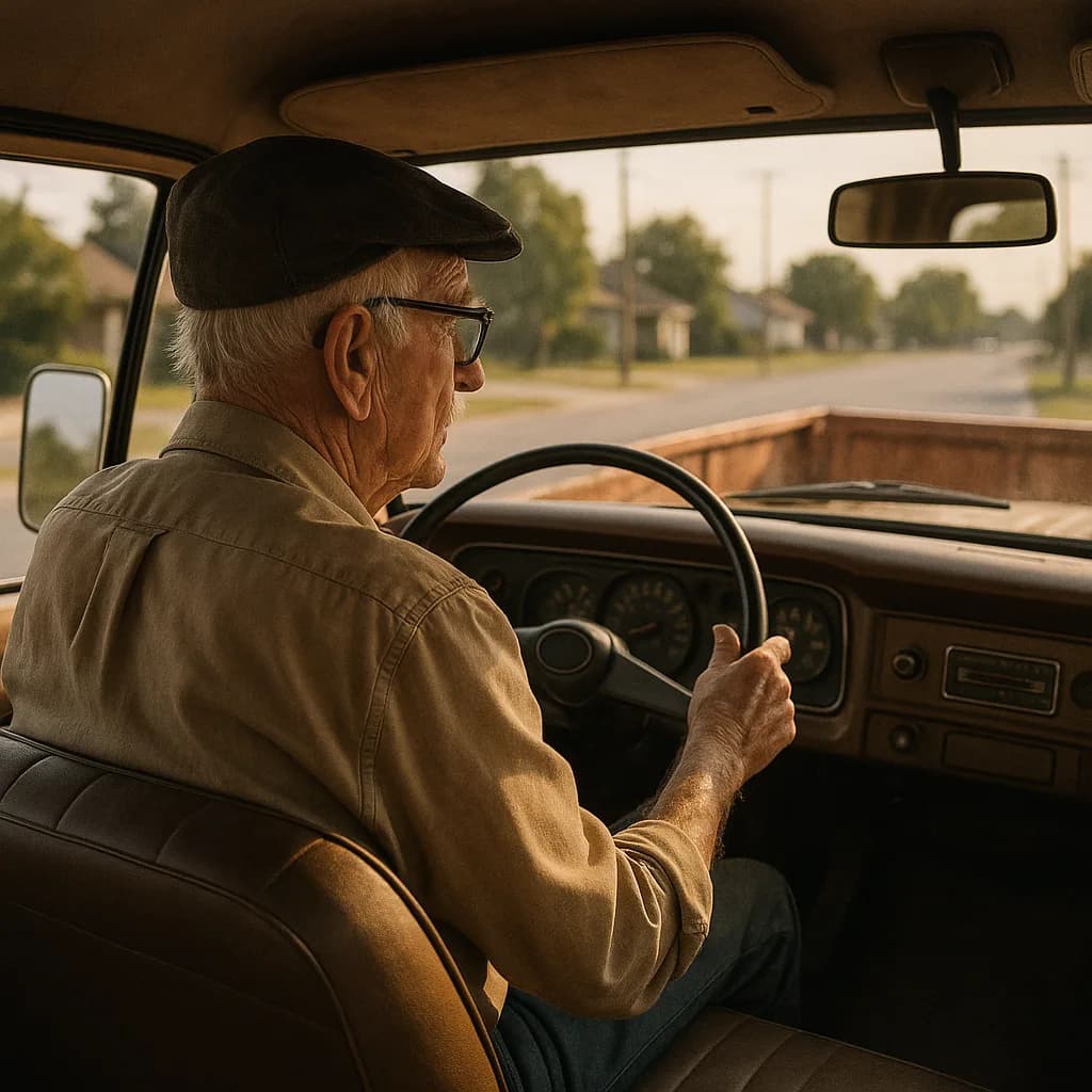 Elderly man in cap and glasses driving vintage car on suburban road