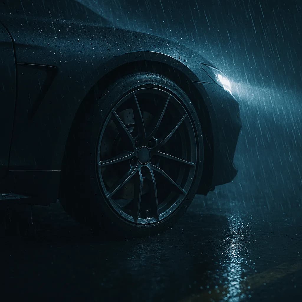 Sports car wheel in rain at night with dramatic lighting and wet pavement reflections