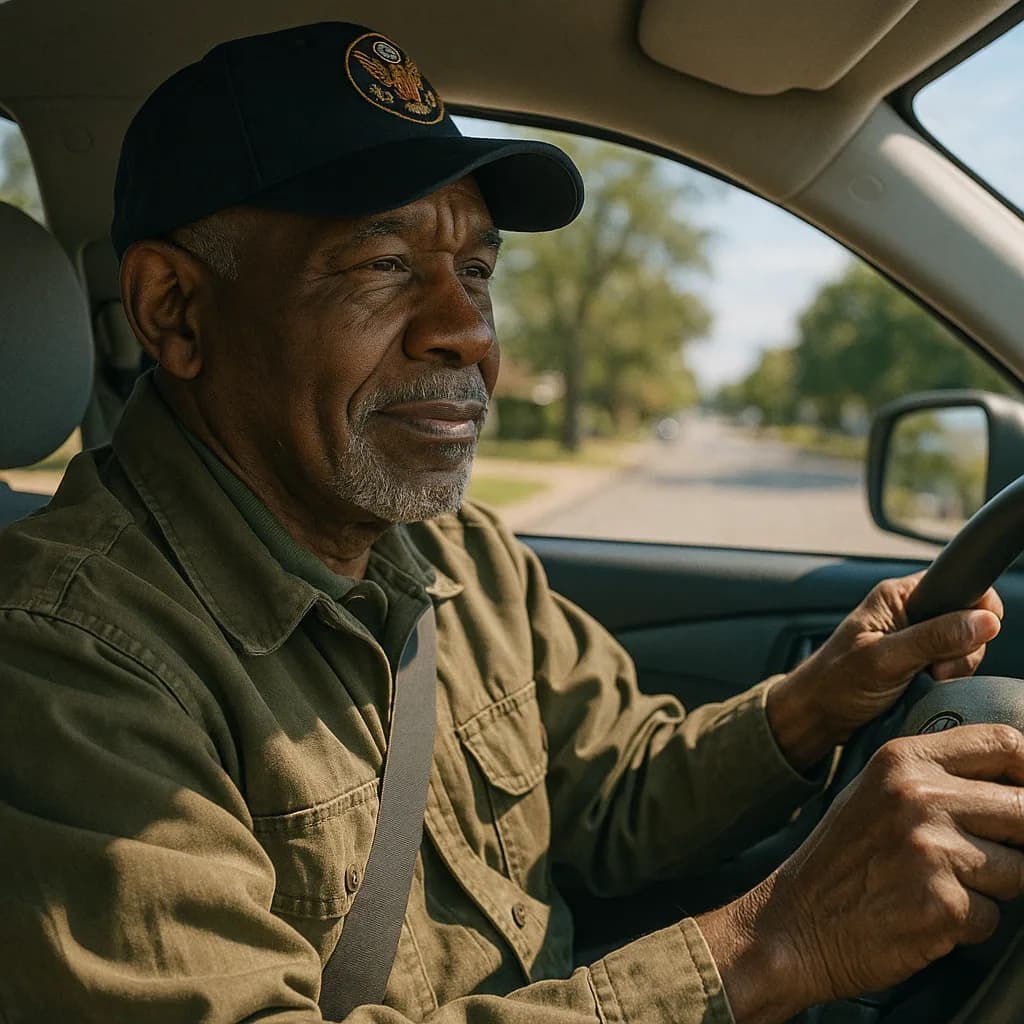 Senior African American man in work uniform and cap driving a vehicle on a suburban street