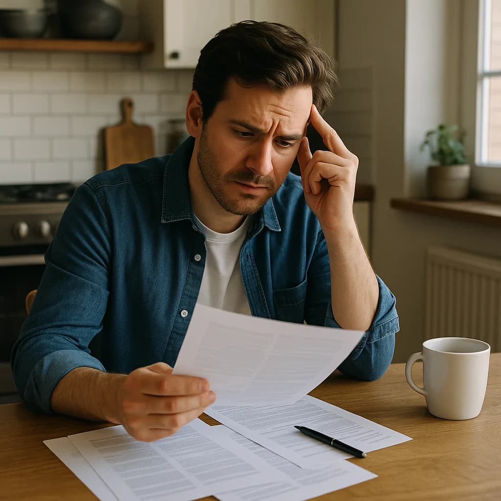 Stressed man reviewing financial documents at kitchen table with worried expression