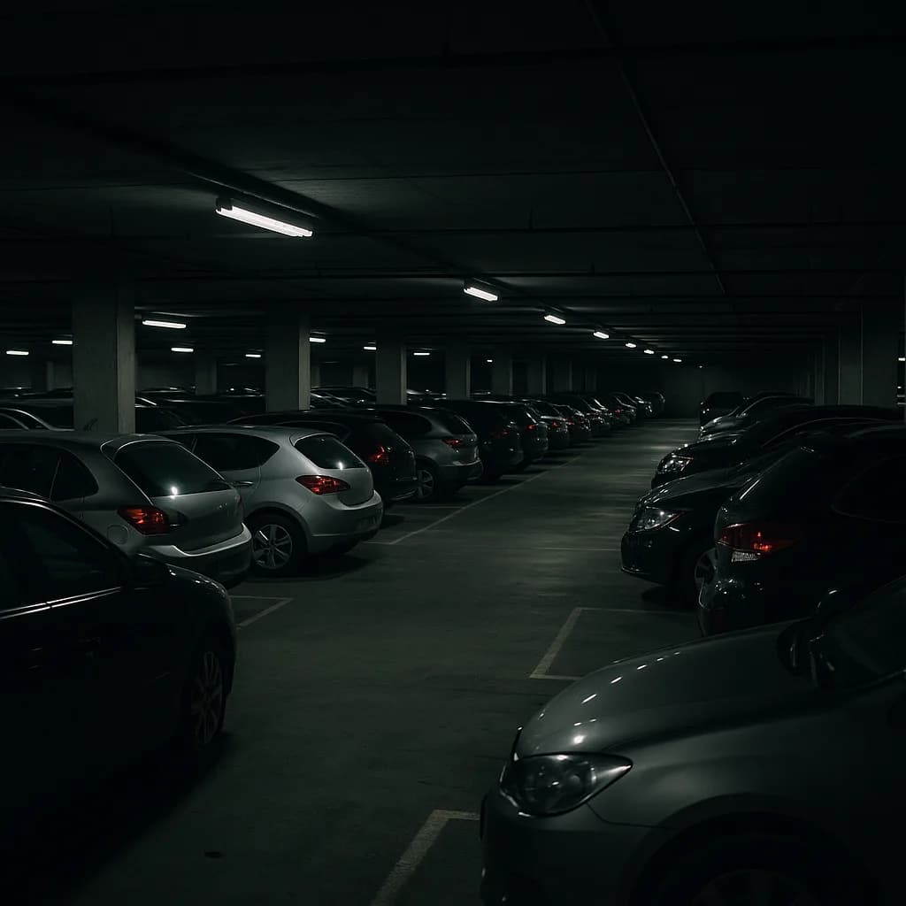 Dark underground parking garage with rows of cars and fluorescent lighting overhead