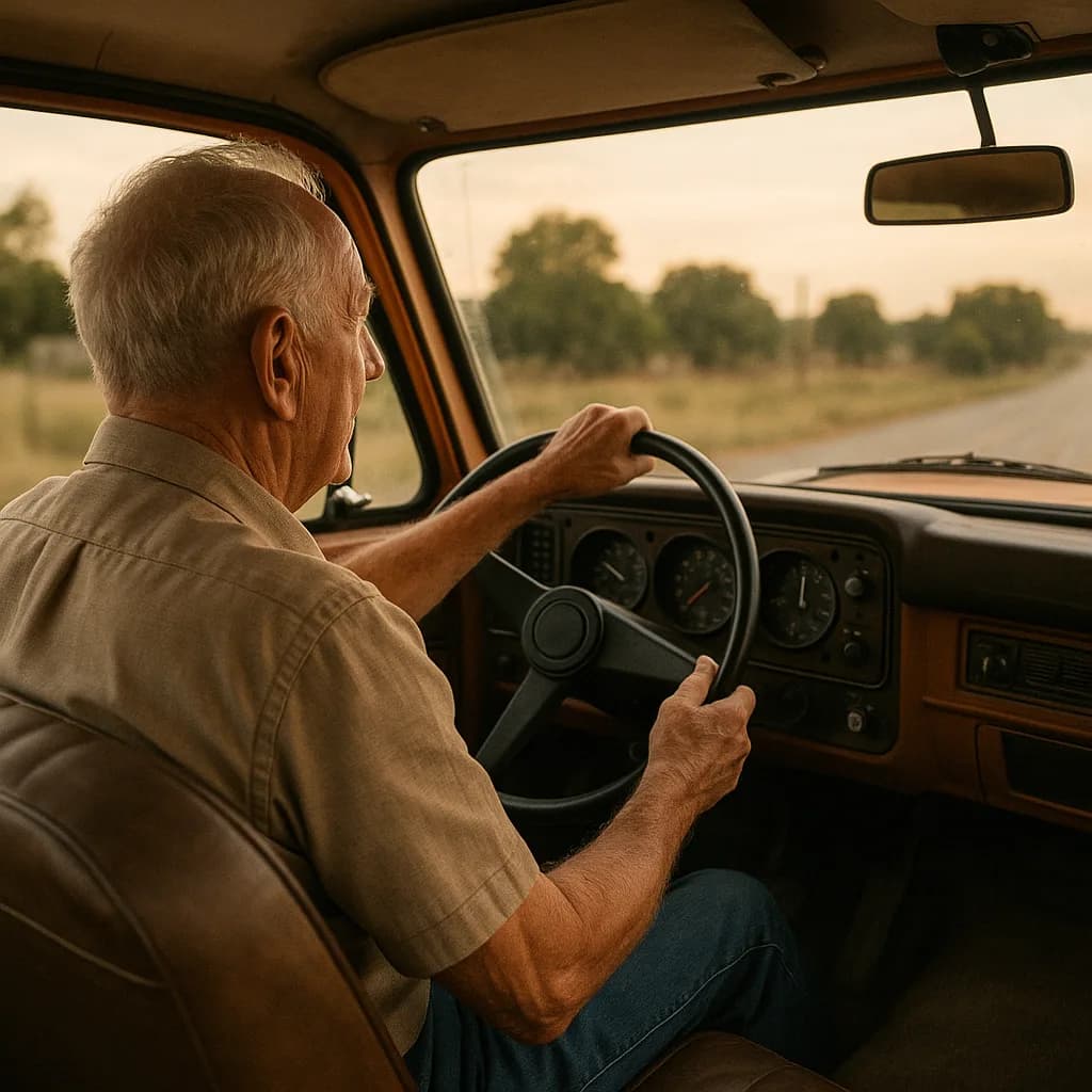 Senior man with gray hair driving vintage vehicle on rural road during golden hour