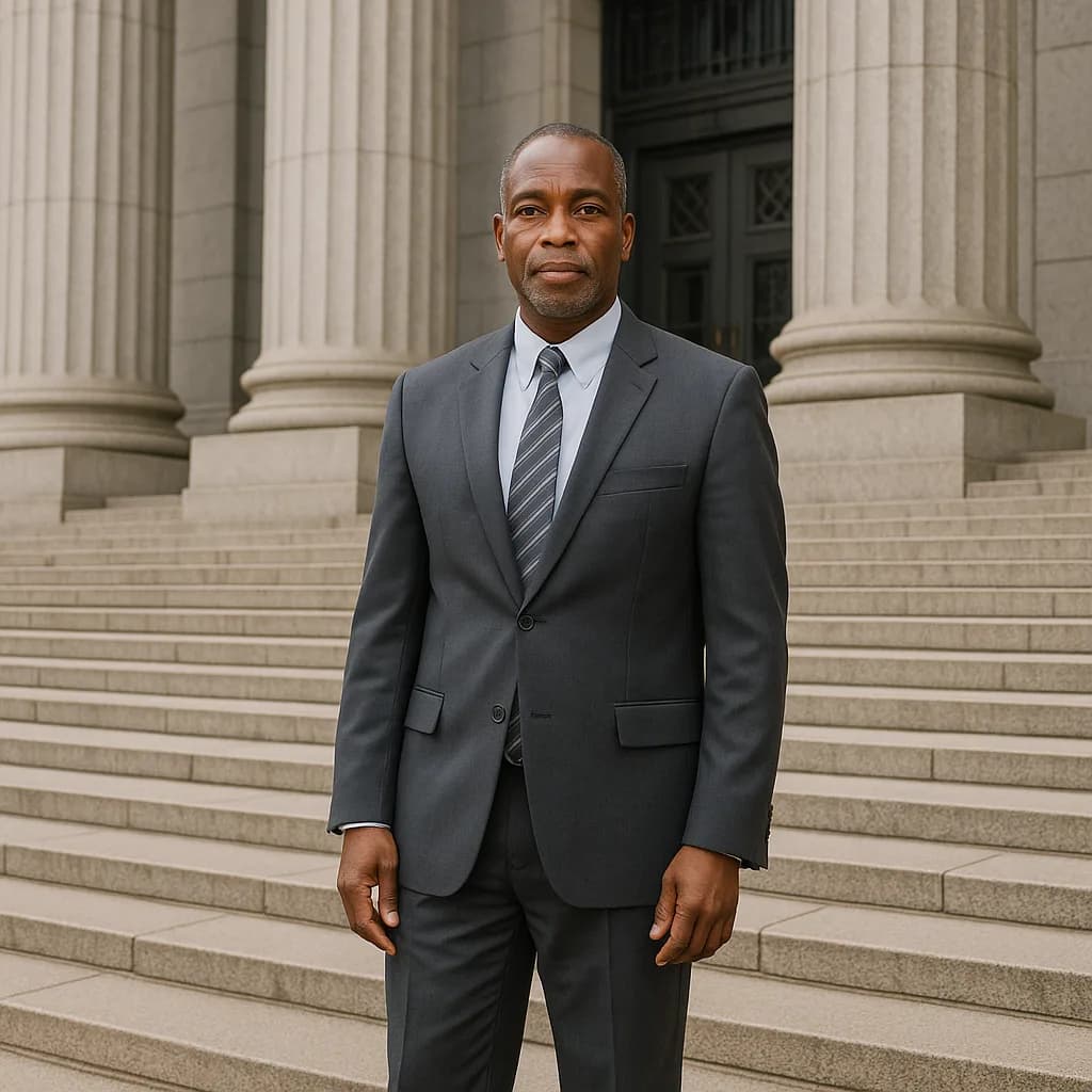 Professional businessman in suit standing on courthouse steps with classical columns